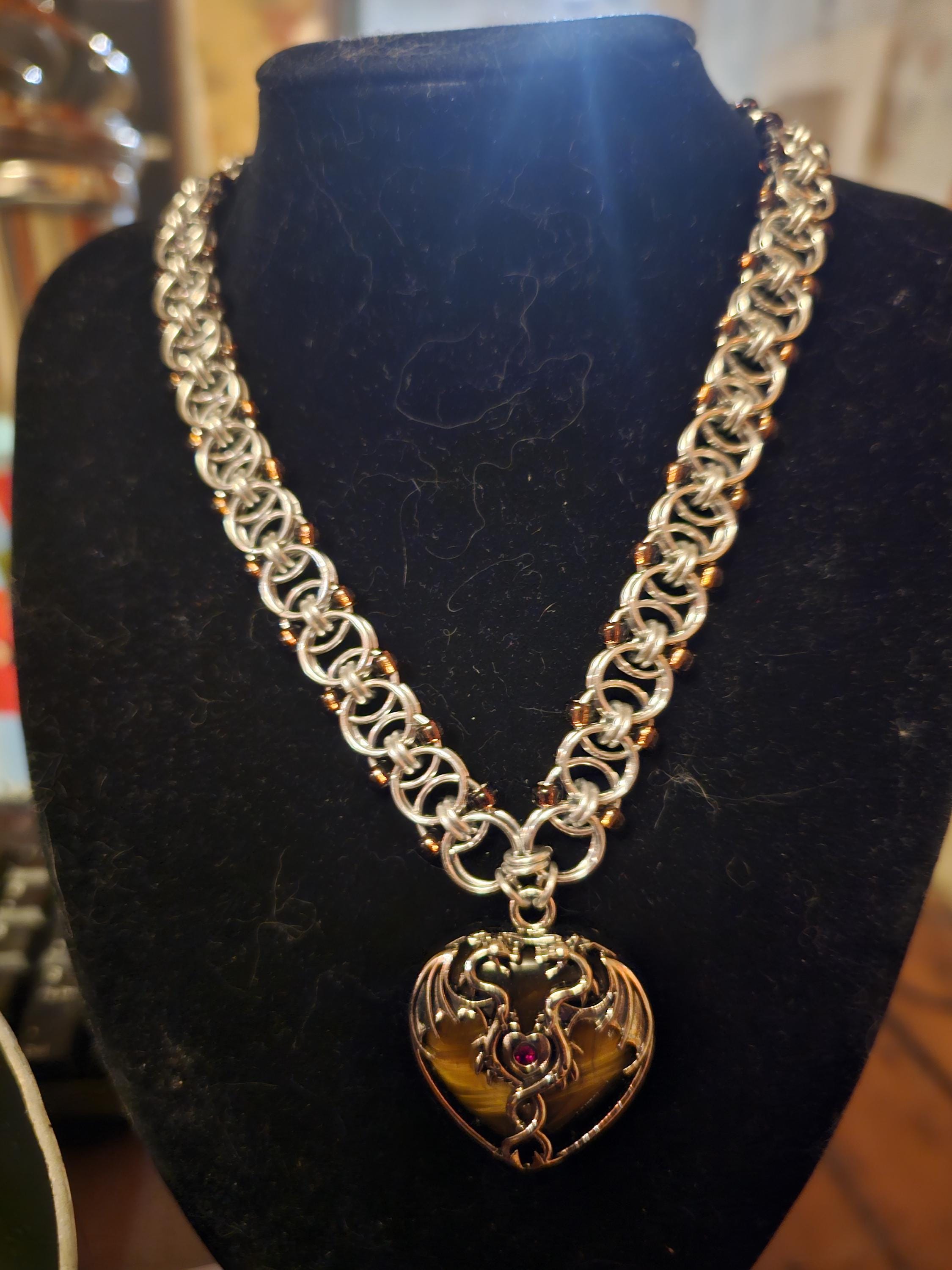 Tiger's Eye Dragon Heart Chainmail Choker | Silver Helm Weave with Topaz Beads - Gray Cat Manor Designs