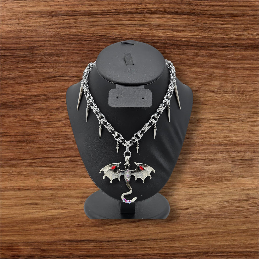 Black & Silver Byzantine Chainmail Dragon Choker | Spiked Handmade Statement Necklace - Gray Cat Manor Designs