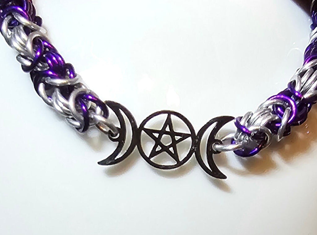 Triple Moon Goddess Chainmail Bracelet | Byzantine Weave Pagan Witchy Jewelry - Gray Cat Manor Designs