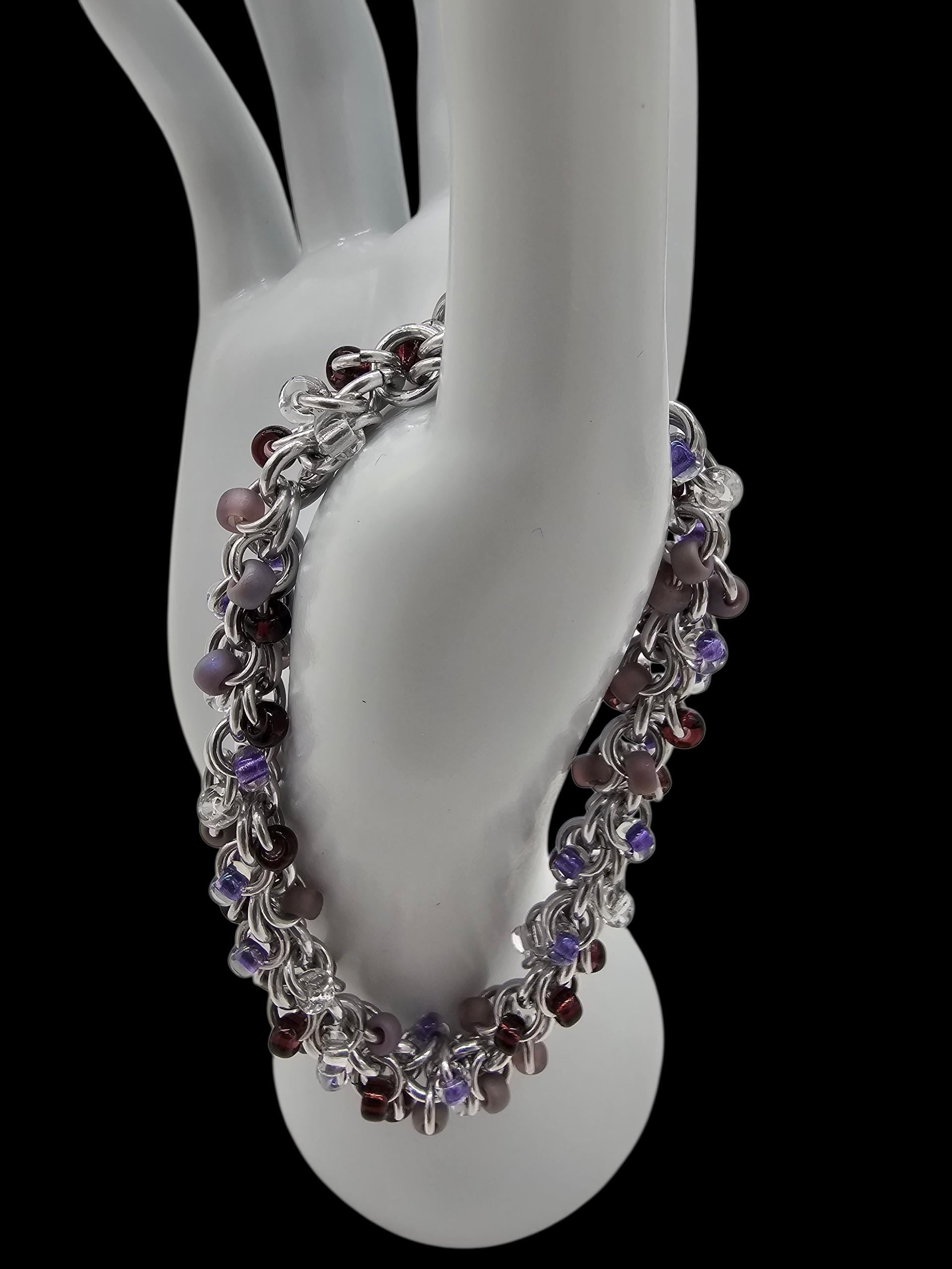 Purple Beaded Shaggy Loop Chainmail Bracelet & Anklet | Anodized Aluminum with Glass Beads