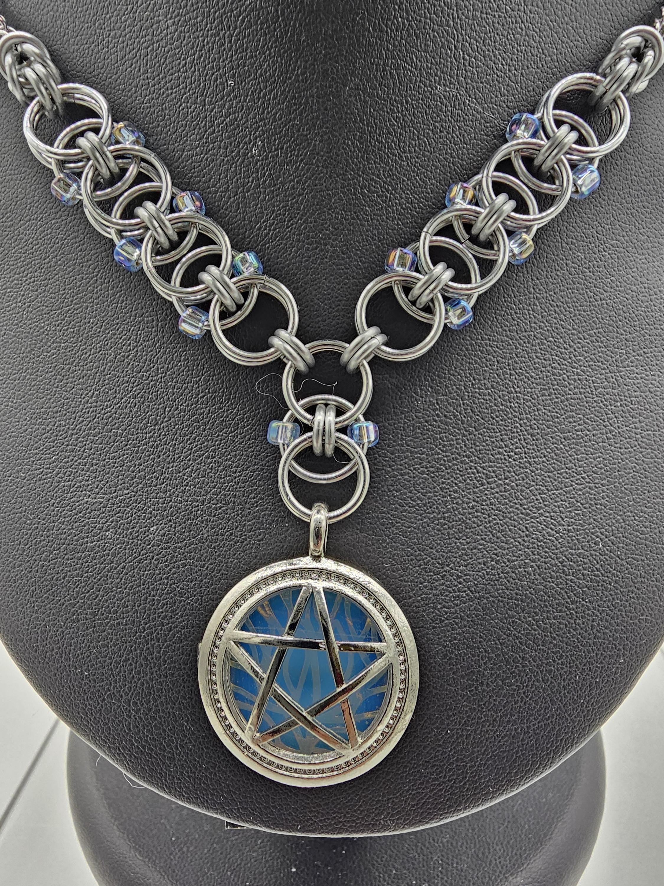 Opalite Pentacle Chainmail Choker | Beaded Helm Weave Witchy Necklace