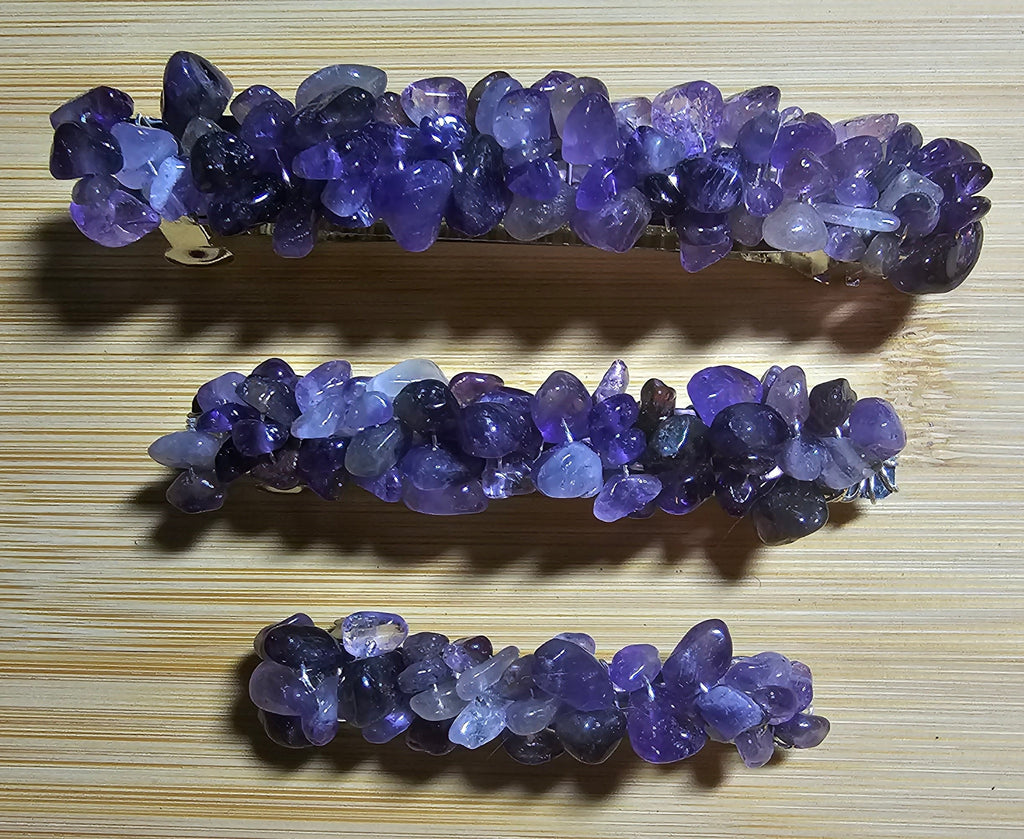 Amethyst Crystal Chip Barrette | Wire Wrapped Gemstone Hair Clip in 3 Sizes - Gray Cat Manor Designs