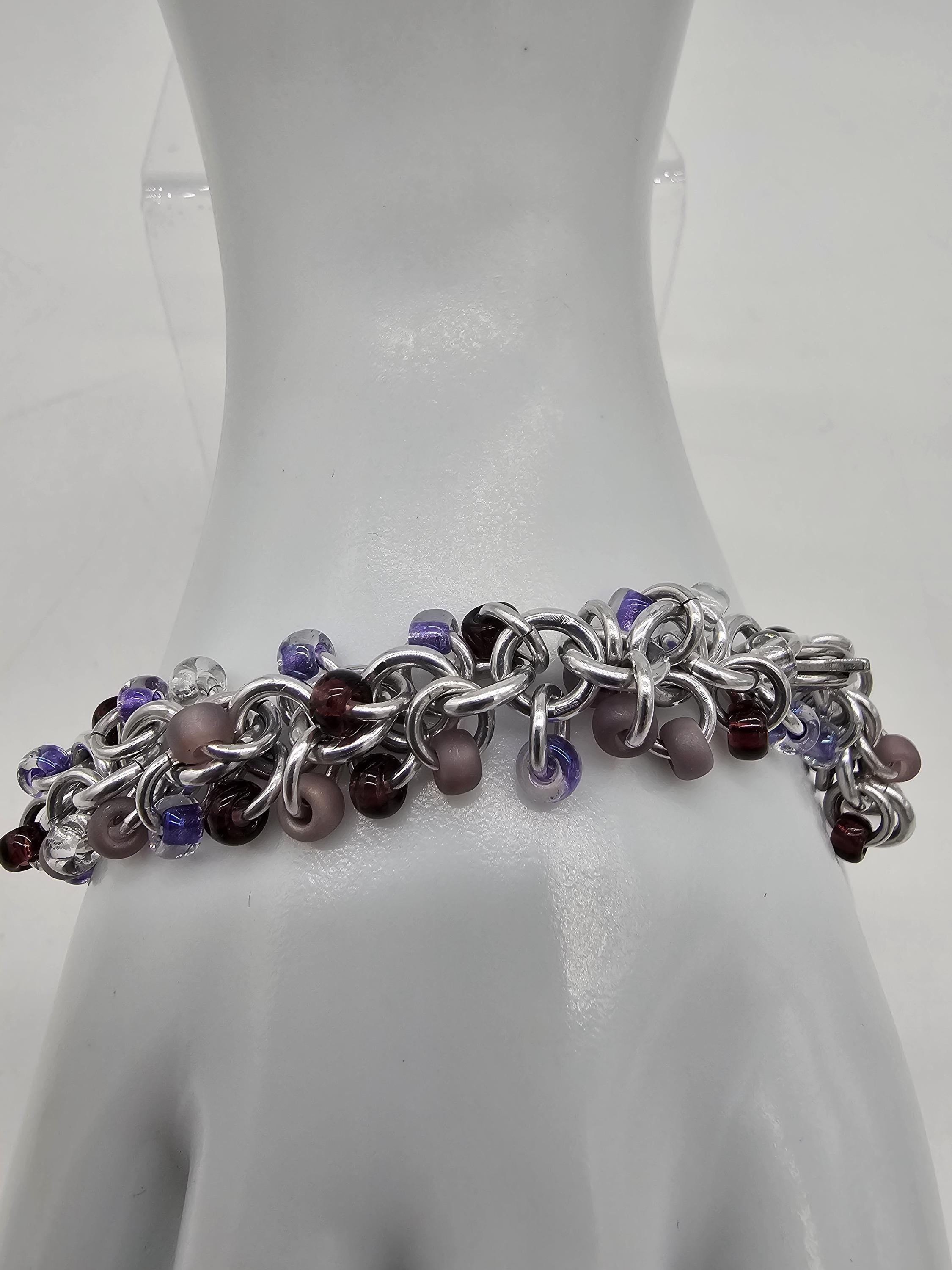 Purple Beaded Shaggy Loop Chainmail Bracelet & Anklet | Anodized Aluminum with Glass Beads