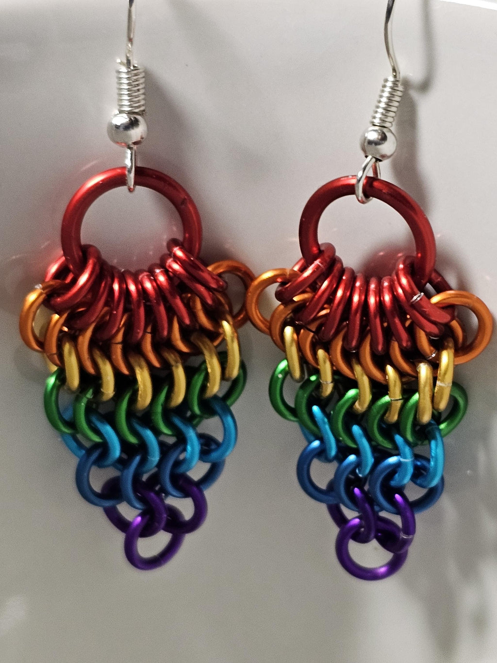Rainbow Pride Chainmail Fan Earrings | Anodized Aluminum LGBTQ+ Jewelry - Gray Cat Manor Designs