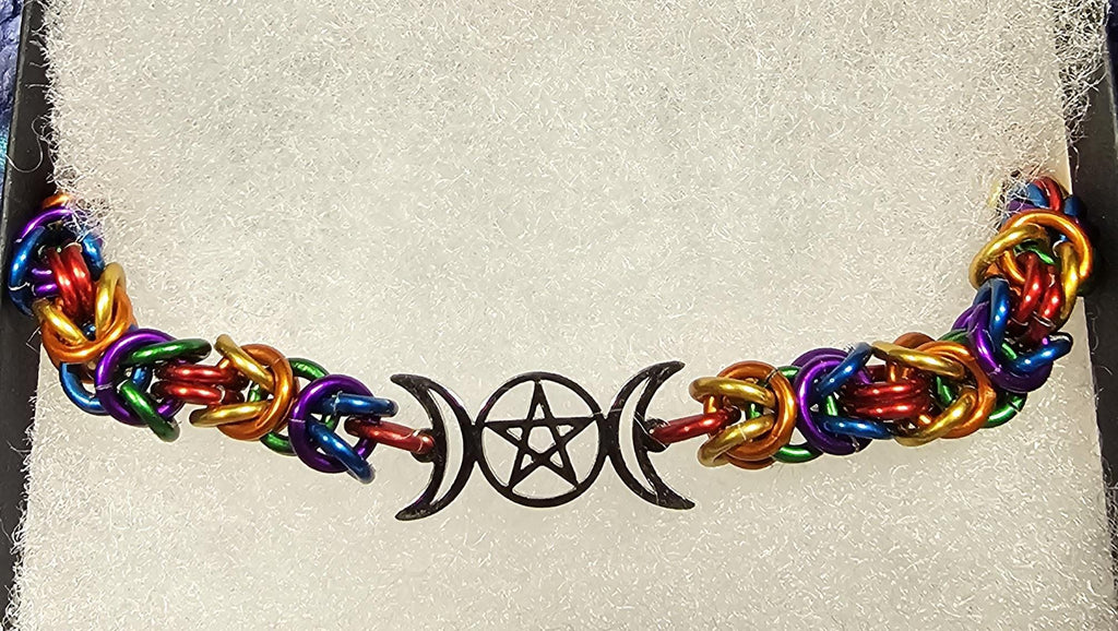 Triple Moon Goddess Chainmail Bracelet | Byzantine Weave Pagan Witchy Jewelry - Gray Cat Manor Designs