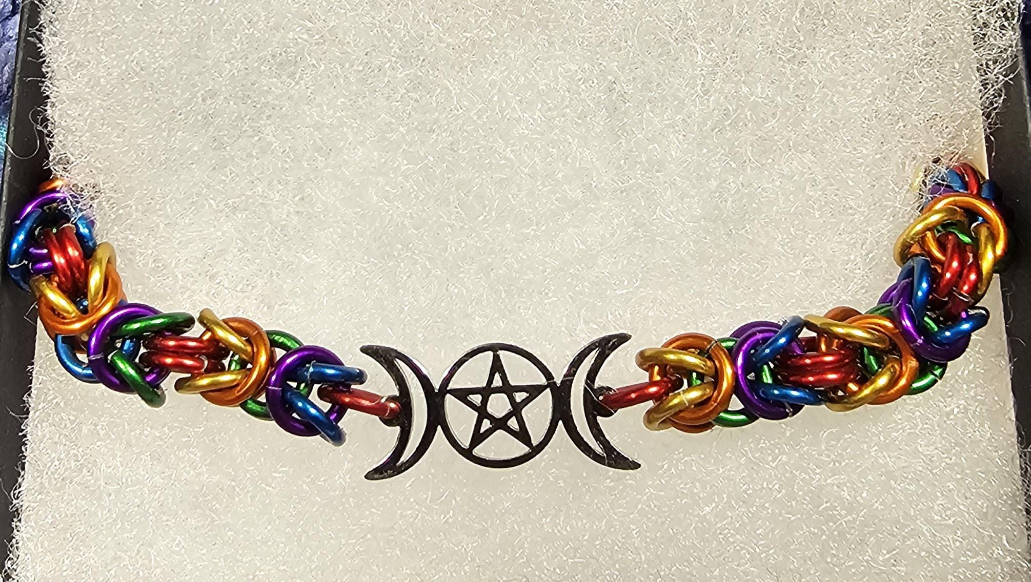 Triple Moon Goddess Chainmail Bracelet | Byzantine Weave Pagan Witchy Jewelry