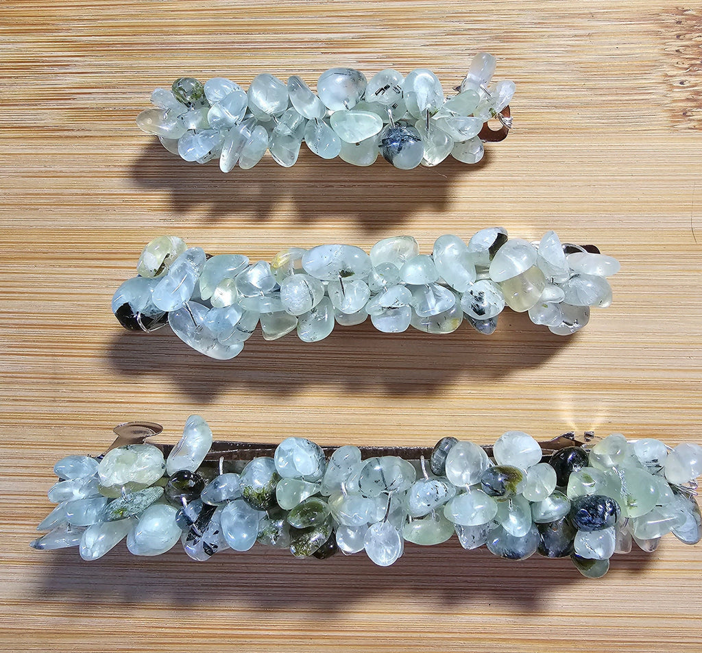 Prehnite Crystal Chip Barrette | Wire Wrapped Gemstone Hair Clip in 3 Sizes - Gray Cat Manor Designs