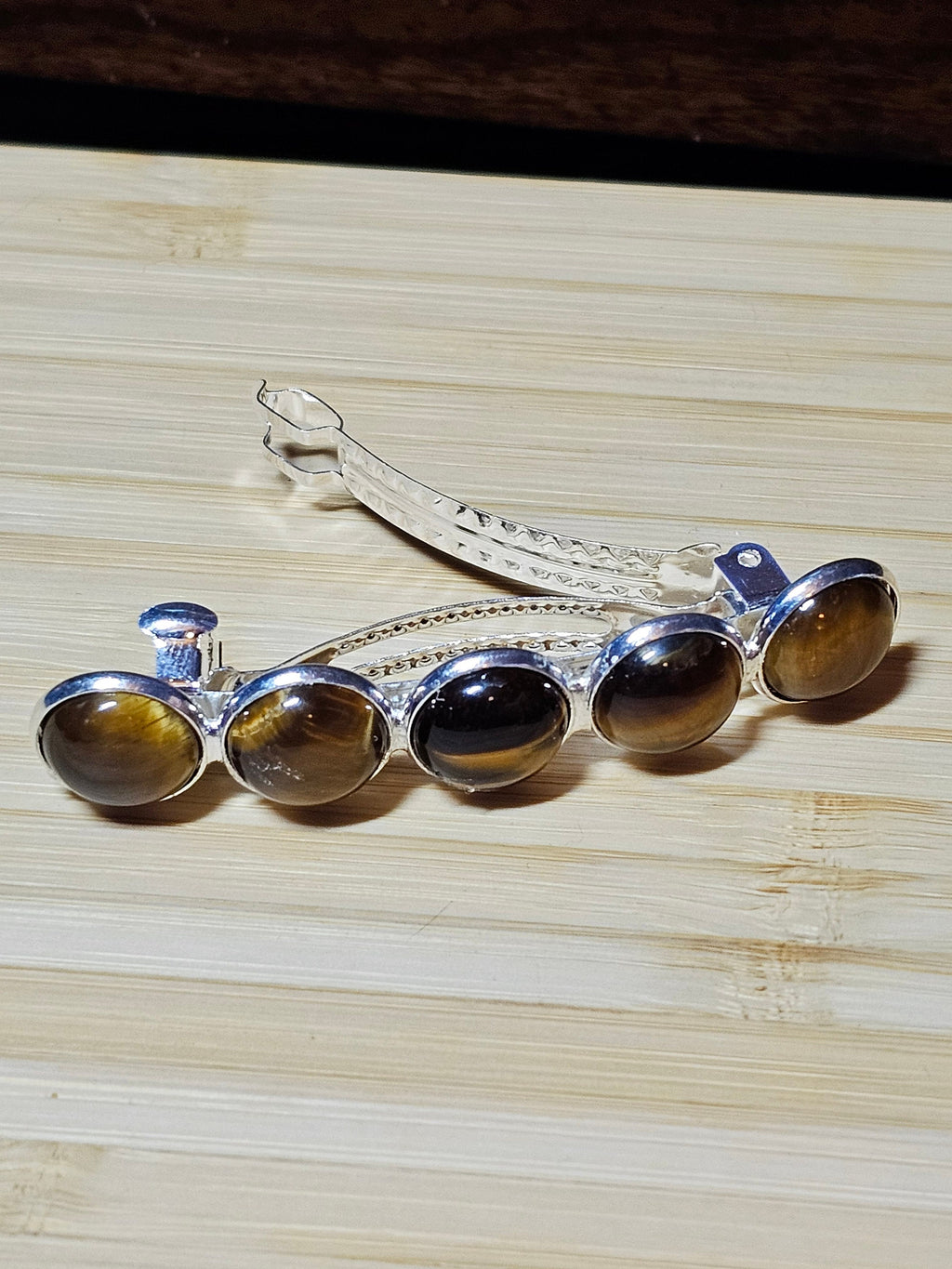 Tiger's Eye Cabochon Barrette | Silver French Hair Clip