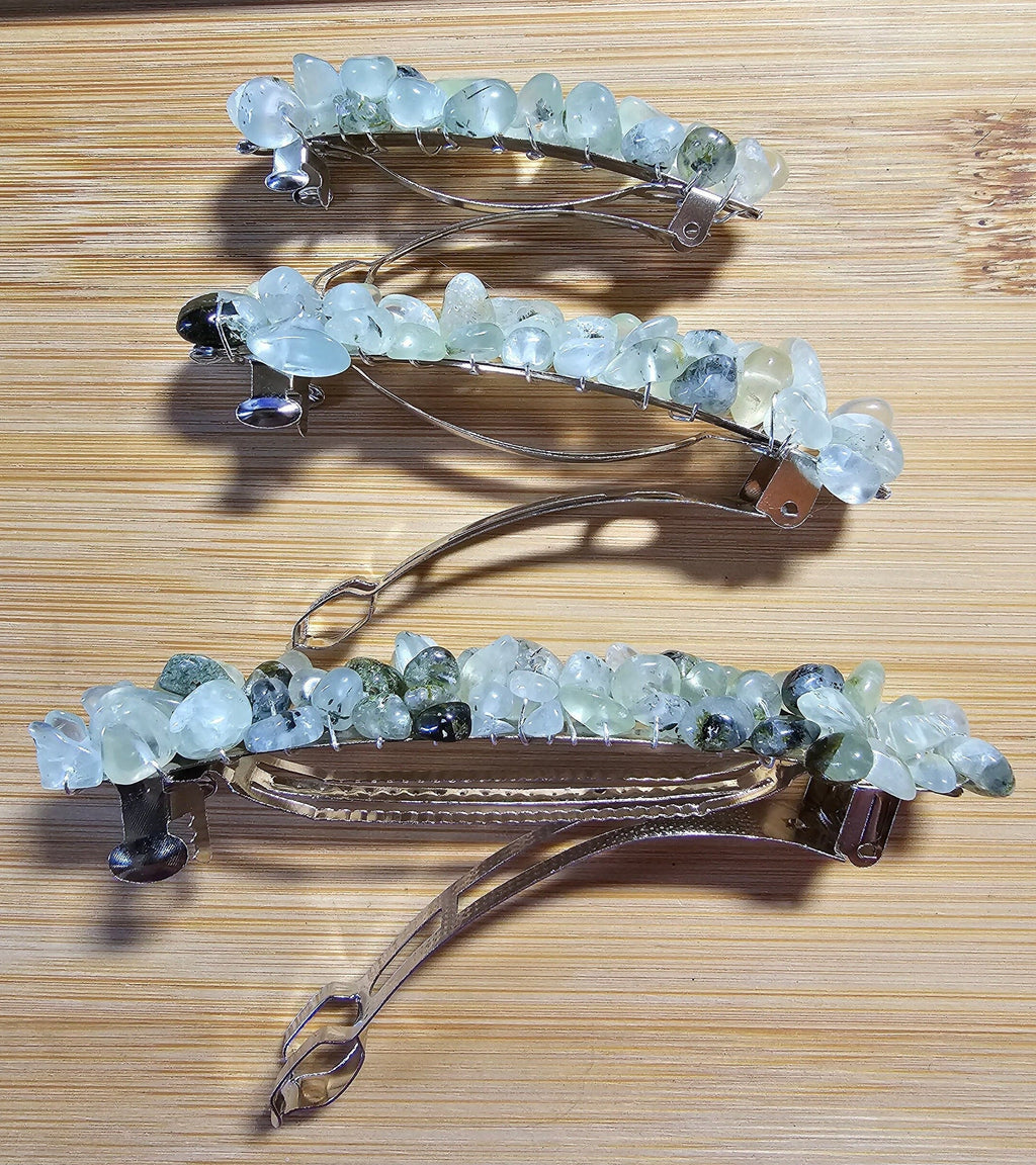 Prehnite Crystal Chip Barrette | Wire Wrapped Gemstone Hair Clip in 3 Sizes - Gray Cat Manor Designs