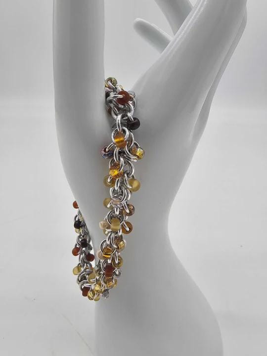 Honey Beaded Shaggy Loop Chainmail Bracelet & Anklet | Anodized Aluminum with Glass Beads