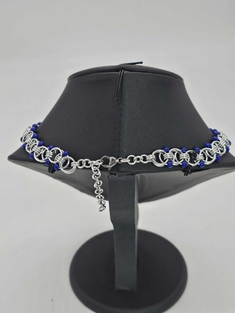 Blue Dragon Heart Chainmail Choker | Lapis Lazuli & Cobalt Helm Weave Necklace - Gray Cat Manor Designs