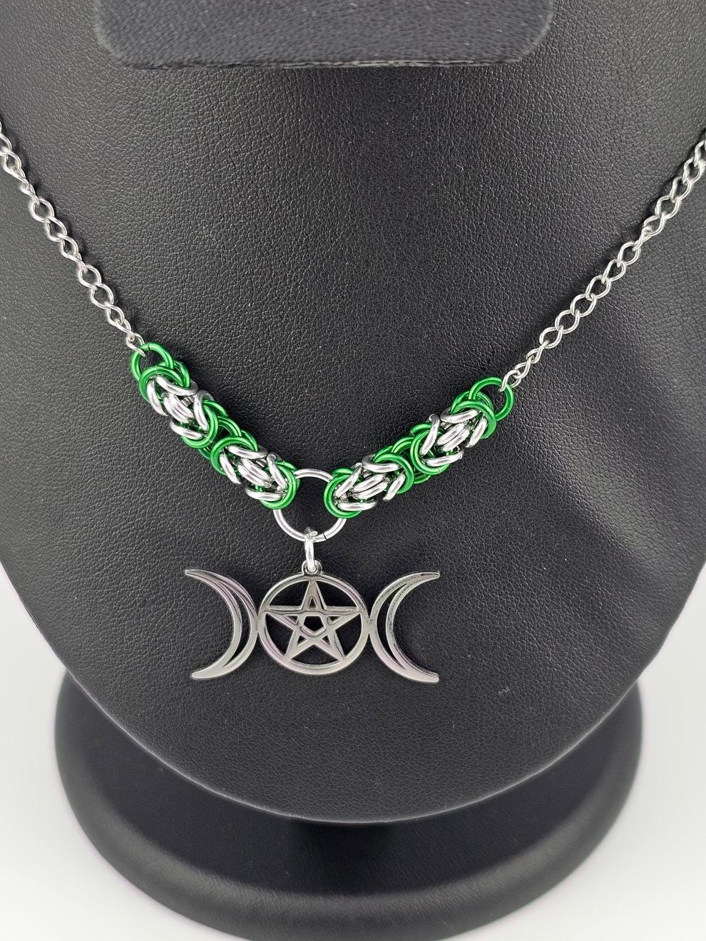 Triple Moon Goddess Byzantine Chainmail Necklace | Wiccan Pagan Witch Jewelry