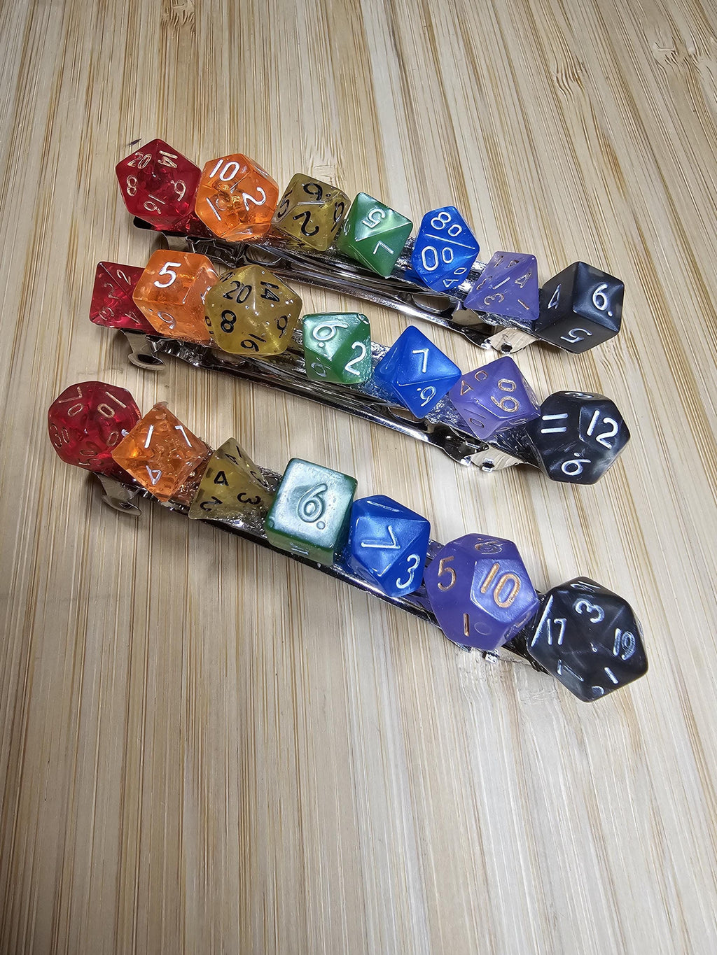 Rainbow Polyhedral Dice Barrette | TTRPG Gamer Hair Clip with Full Dice Set - Gray Cat Manor Designs
