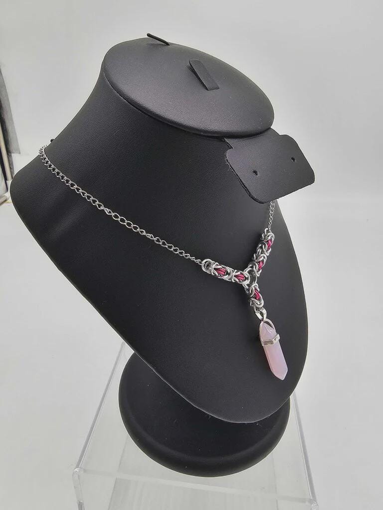 Rose Quartz Crystal Chainmail Choker Necklace | Silver & Pink Byzantine Weave