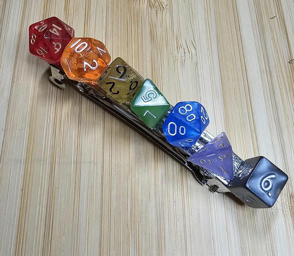Rainbow Polyhedral Dice Barrette | TTRPG Gamer Hair Clip with Full Dice Set - Gray Cat Manor Designs