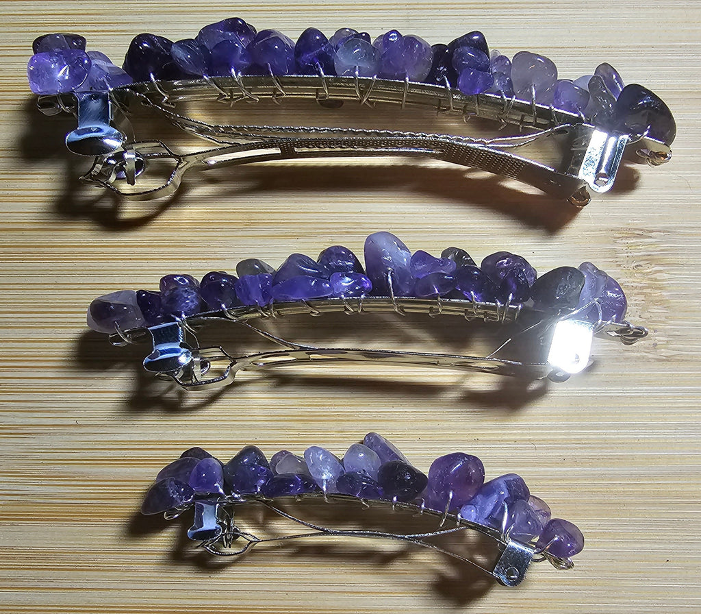 Amethyst Crystal Chip Barrette | Wire Wrapped Gemstone Hair Clip in 3 Sizes - Gray Cat Manor Designs