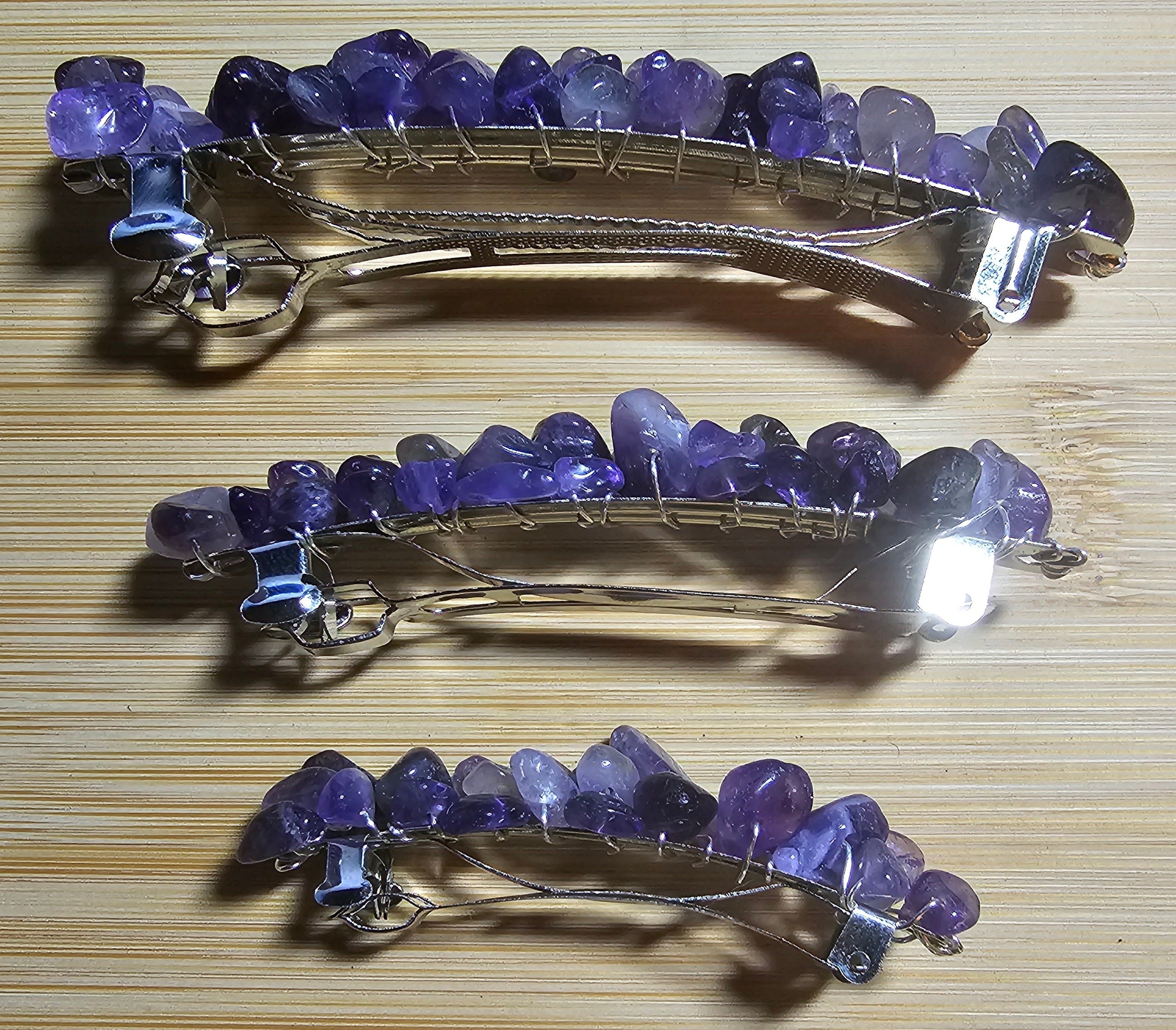 Amethyst Crystal Chip Barrette | Wire Wrapped Gemstone Hair Clip in 3 Sizes - Gray Cat Manor Designs