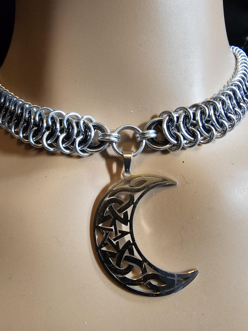 Crescent Moon Chainmail Choker | Vertebrae Weave Witchy Celestial Necklace