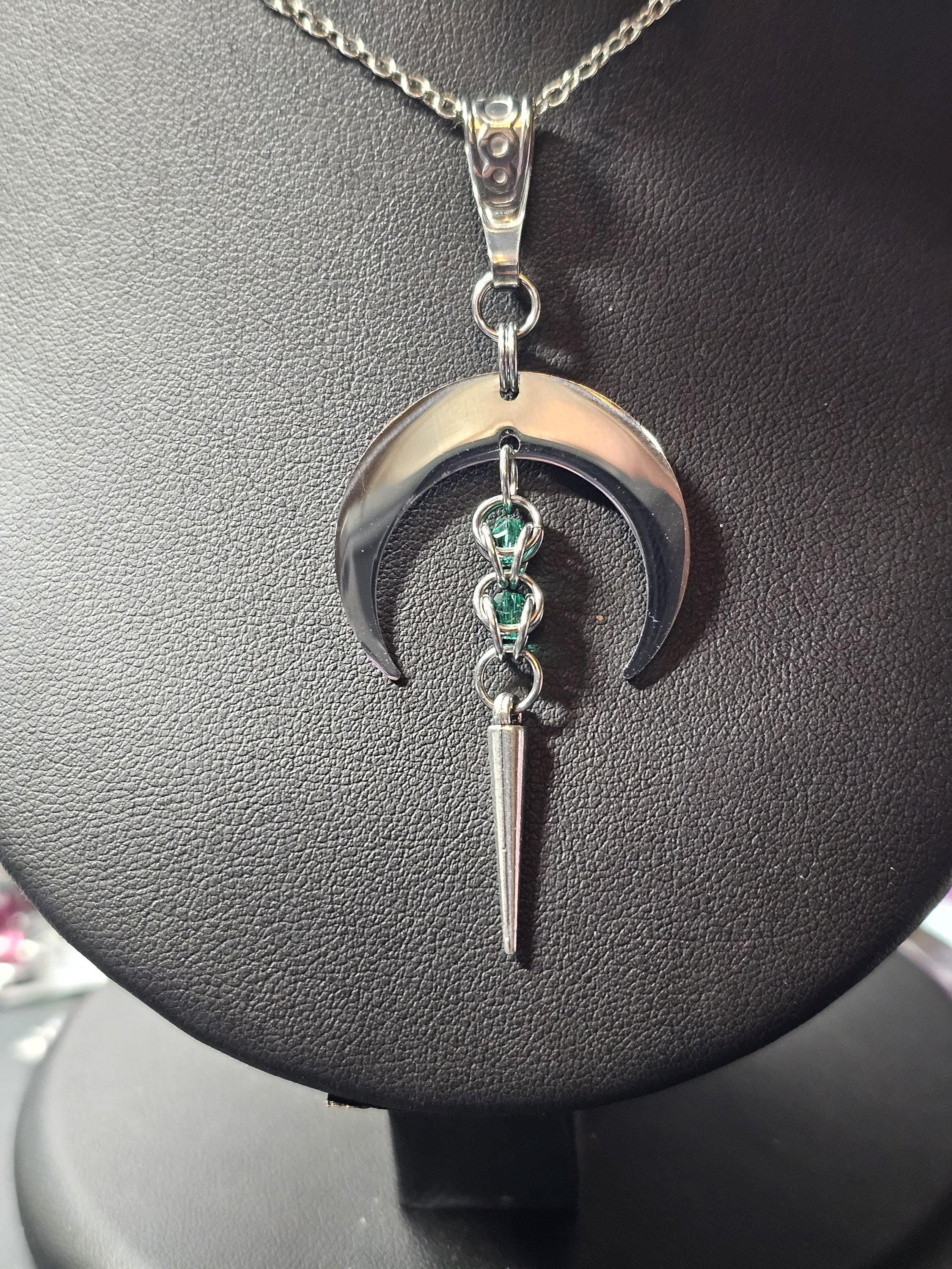 Crescent Moon Goddess Chainmail Necklace | Stainless Steel Crystal Bead Spike Pendant
