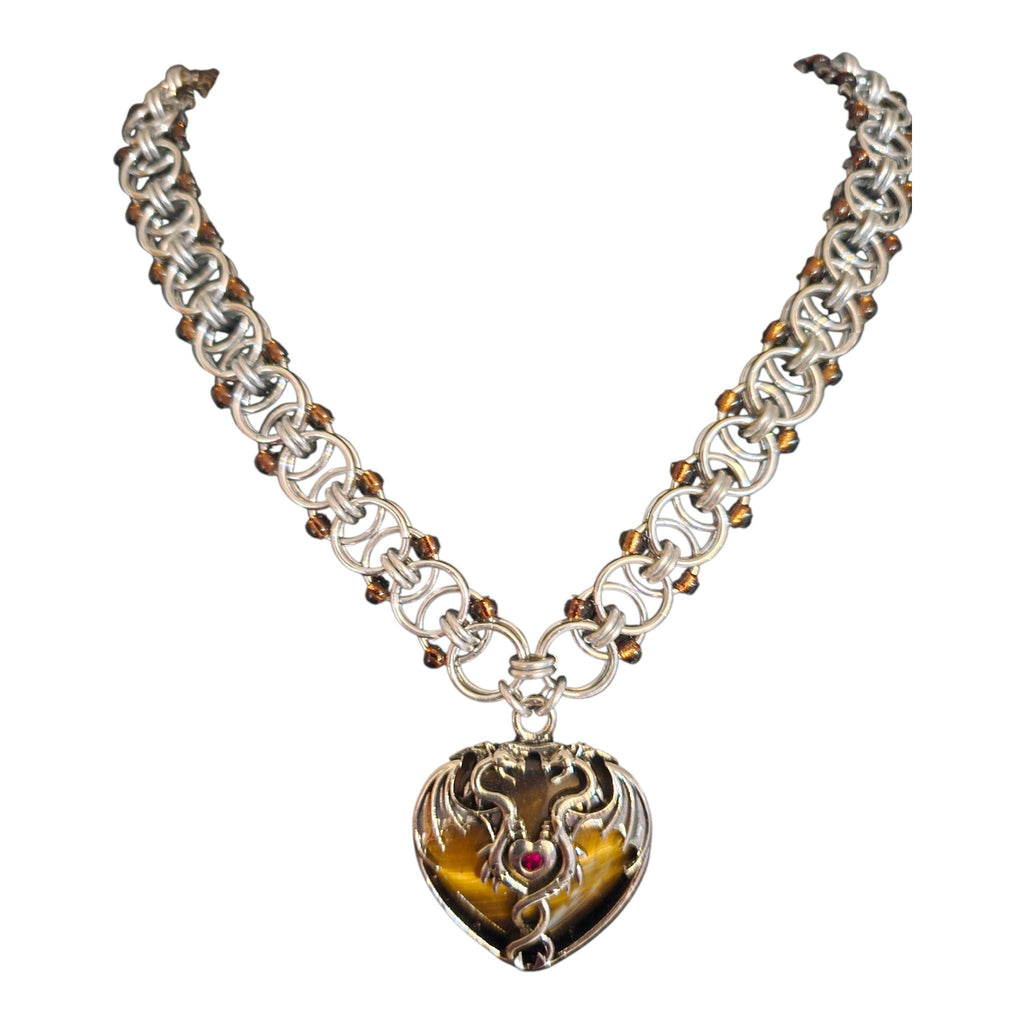 Tiger's Eye Dragon Heart Chainmail Choker | Silver Helm Weave with Topaz Beads - Gray Cat Manor Designs