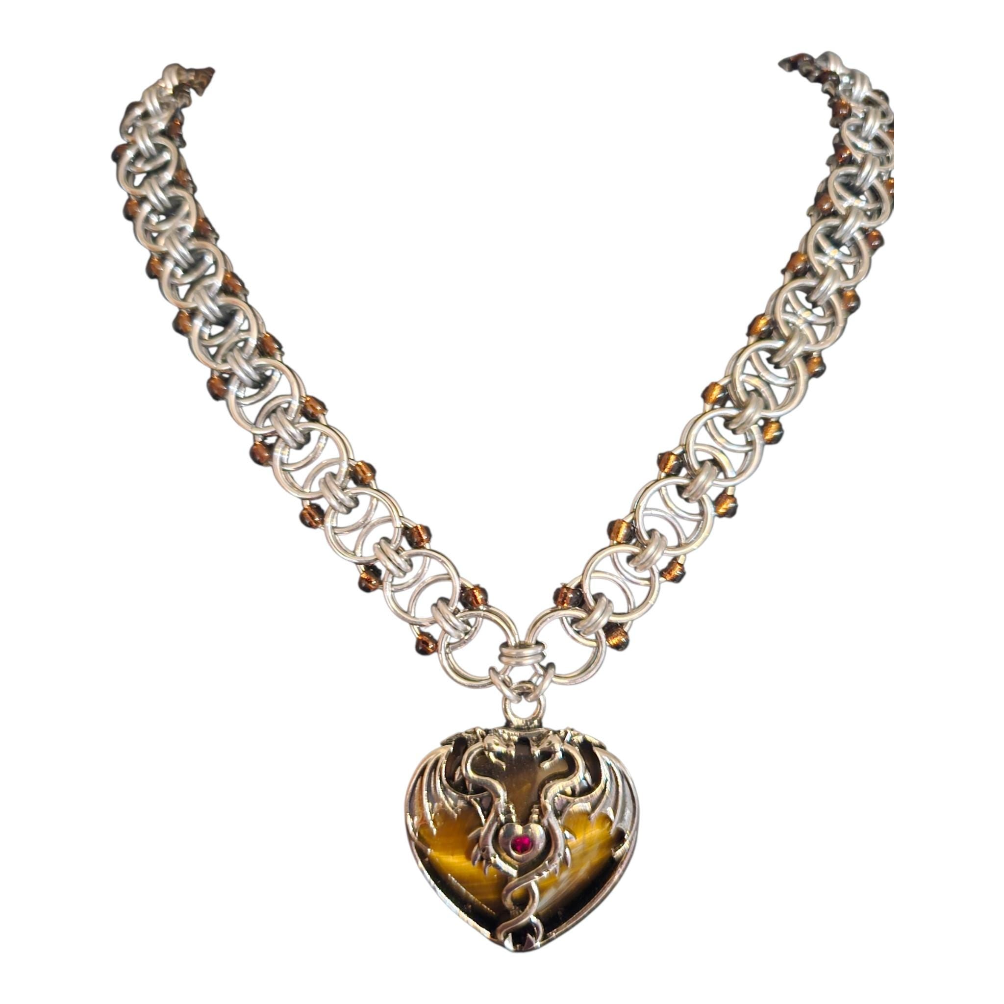 Tiger's Eye Dragon Heart Chainmail Choker | Silver Helm Weave with Topaz Beads - Gray Cat Manor Designs