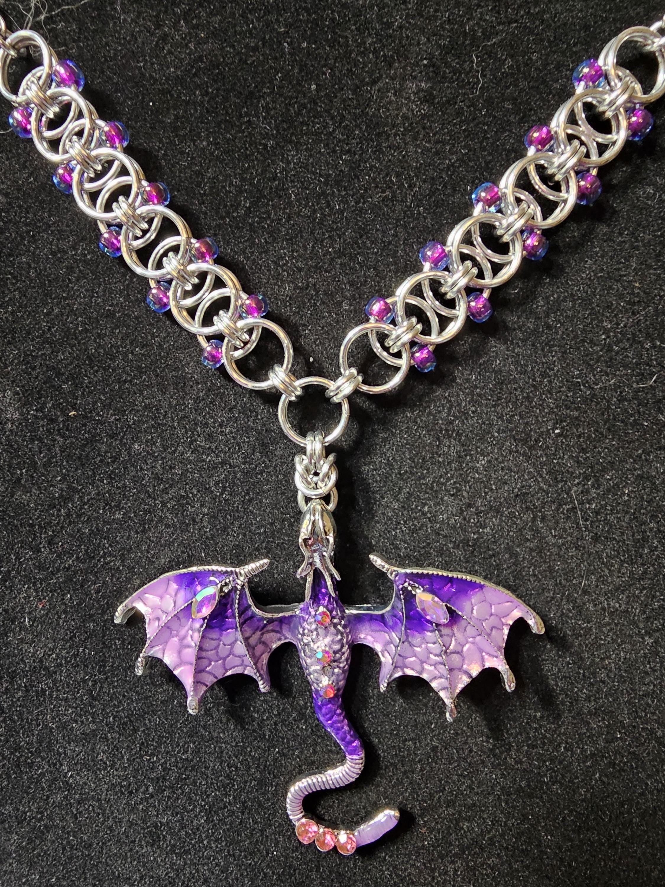 Purple & Silver Dragon Chainmail Choker | Handmade Helm Weave Statement Necklace - Gray Cat Manor Designs