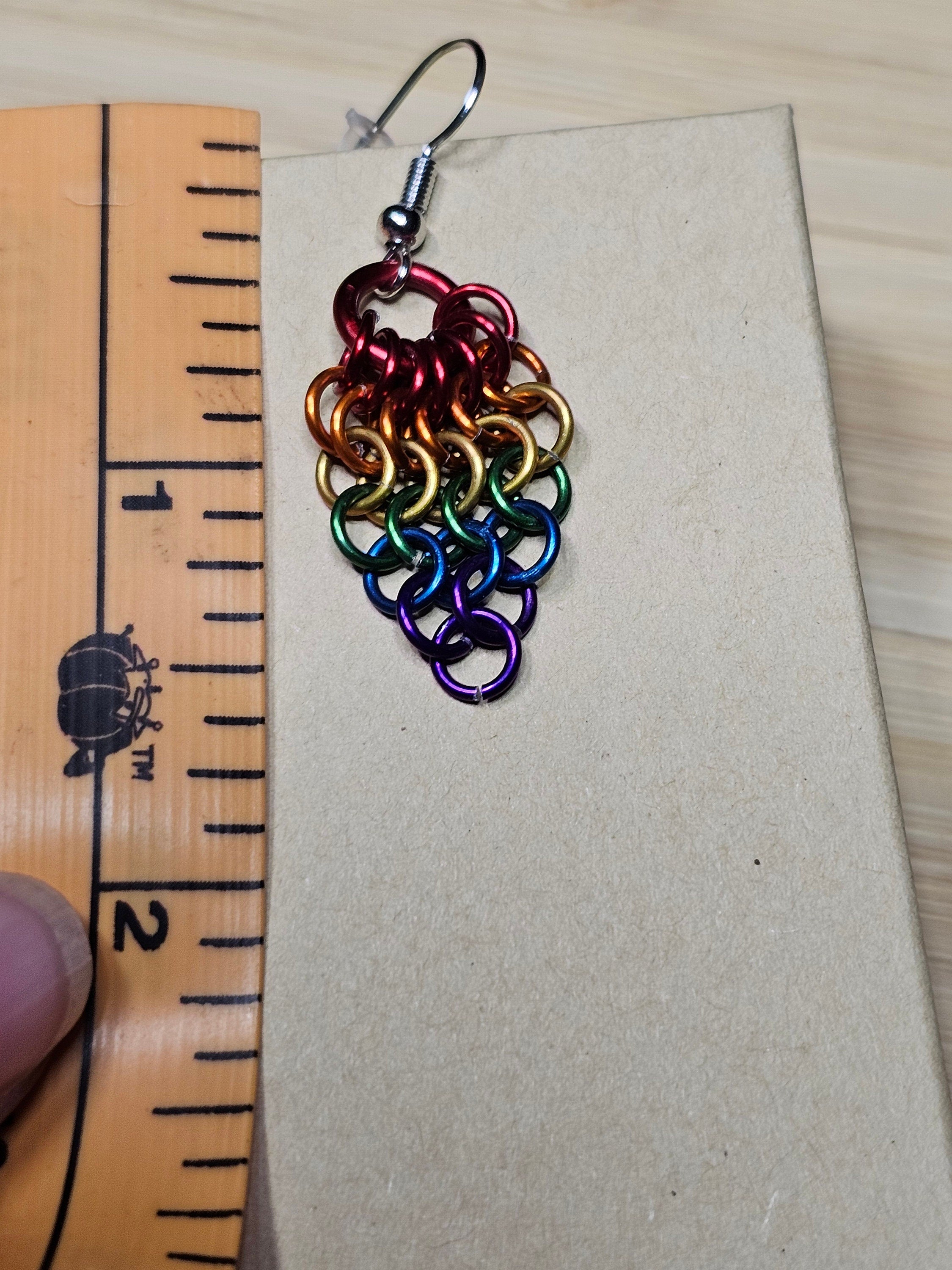 Rainbow Pride Chainmail Fan Earrings | Anodized Aluminum LGBTQ+ Jewelry - Gray Cat Manor Designs