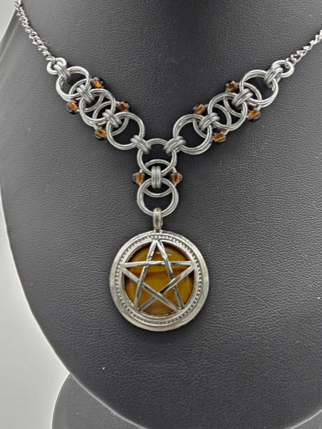 Tiger's Eye Pentacle with Beaded Helm Weave Chainmail Necklace Choker - Gray Cat Manor Designs