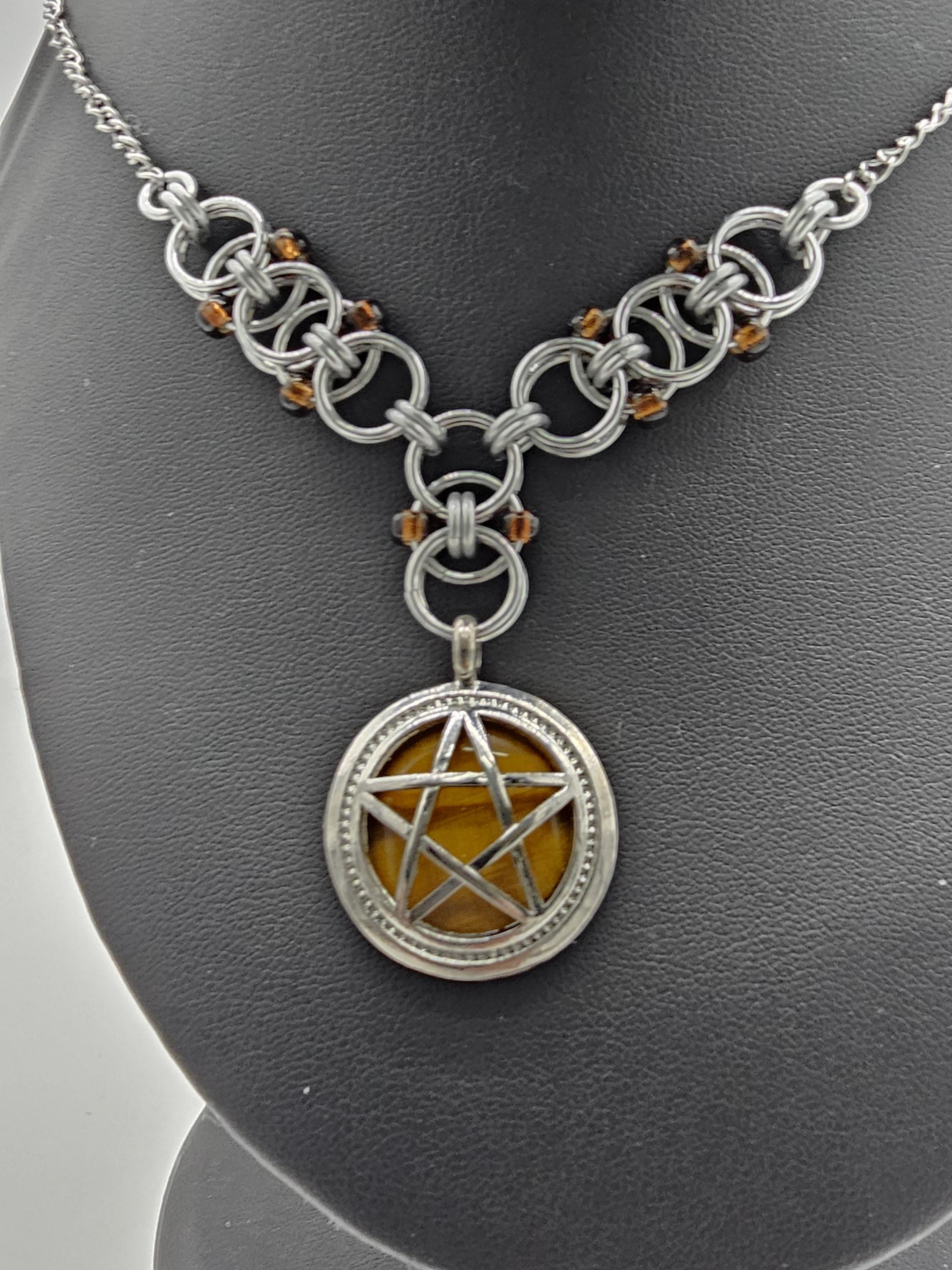 Tiger's Eye Pentacle with Beaded Helm Weave Chainmail Necklace Choker - Gray Cat Manor Designs