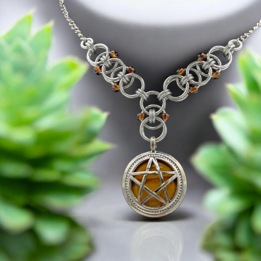 Tiger's Eye Pentacle with Beaded Helm Weave Chainmail Necklace Choker - Gray Cat Manor Designs