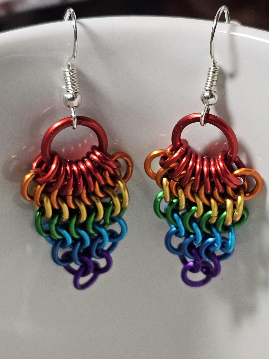 Rainbow Pride Chainmail Fan Earrings | Anodized Aluminum LGBTQ+ Jewelry - Gray Cat Manor Designs