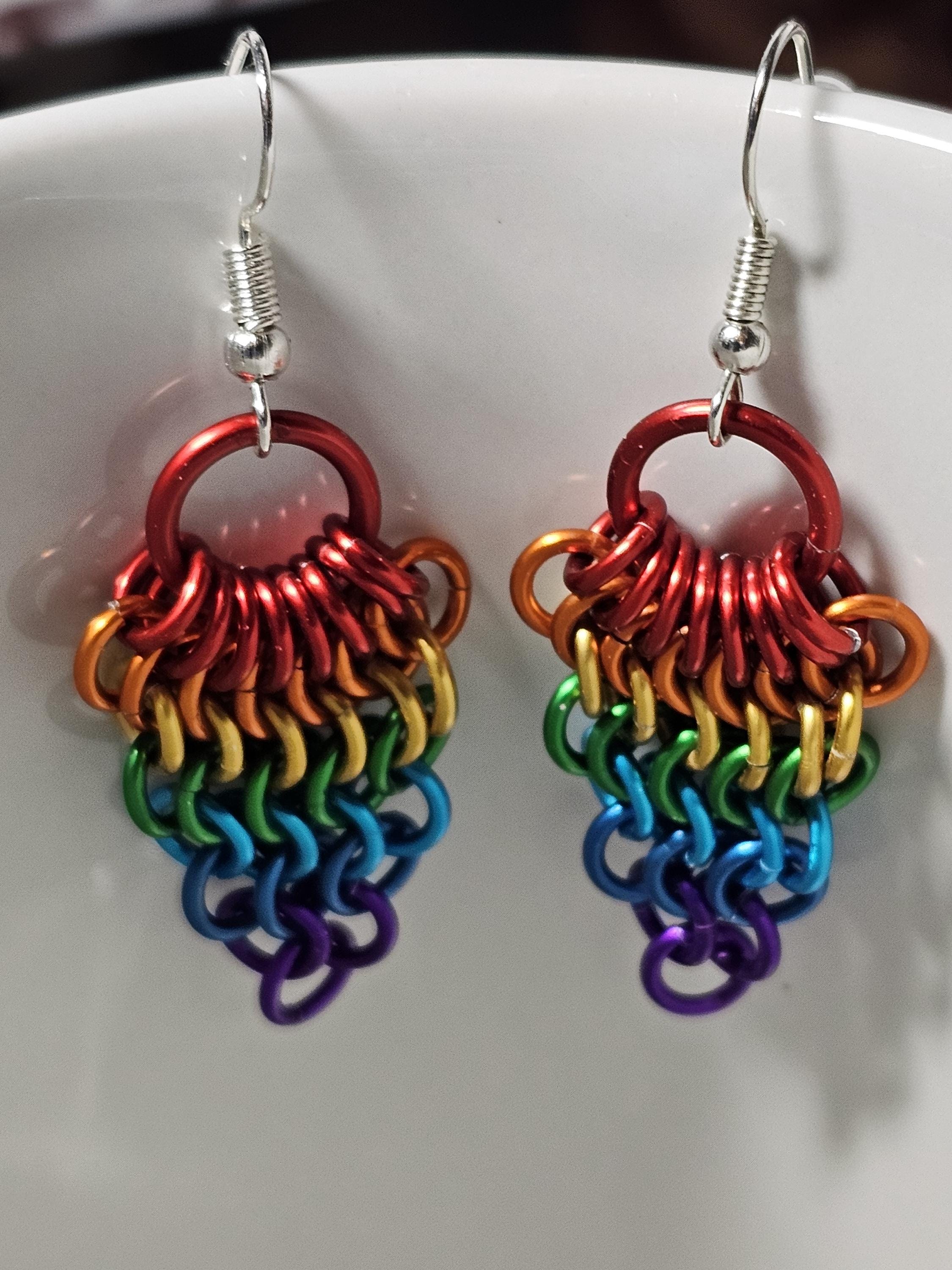 Rainbow Pride Chainmail Fan Earrings | Anodized Aluminum LGBTQ+ Jewelry - Gray Cat Manor Designs