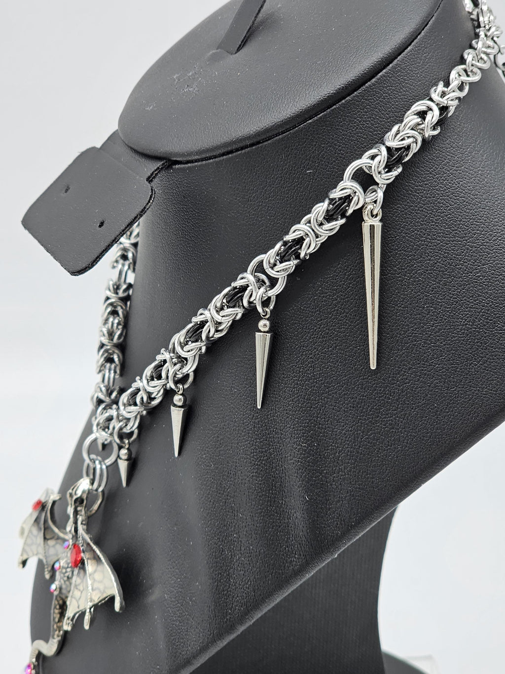 Black & Silver Byzantine Chainmail Dragon Choker | Spiked Handmade Statement Necklace - Gray Cat Manor Designs
