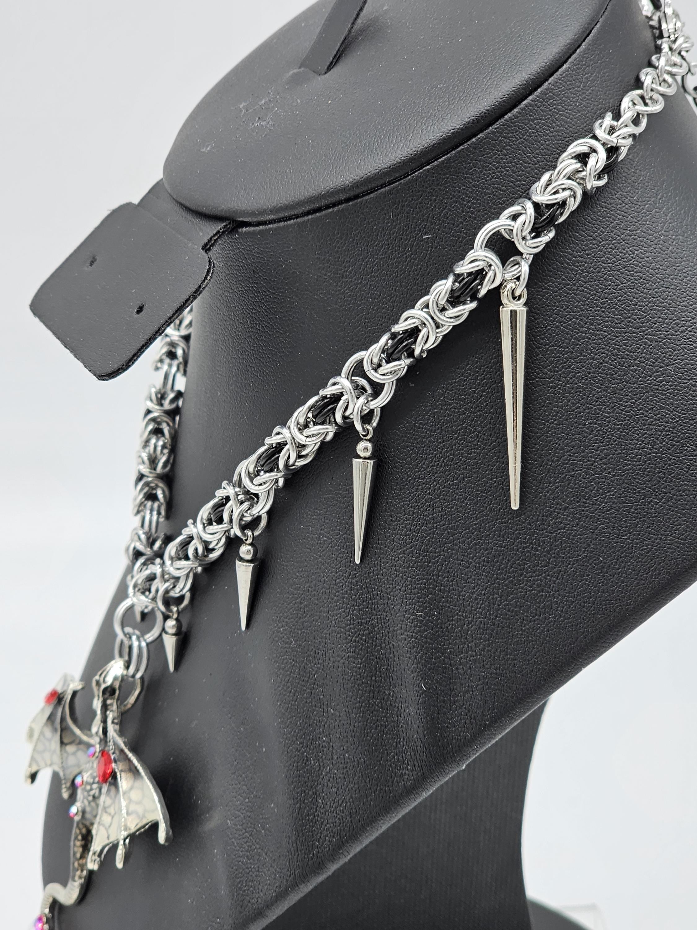 Black & Silver Byzantine Chainmail Dragon Choker | Spiked Handmade Statement Necklace - Gray Cat Manor Designs