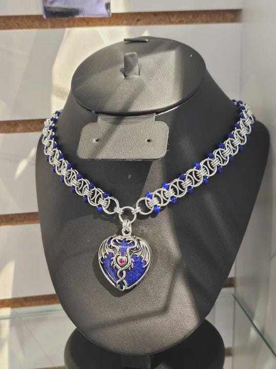 Blue Dragon Heart Chainmail Choker | Lapis Lazuli & Cobalt Helm Weave Necklace - Gray Cat Manor Designs