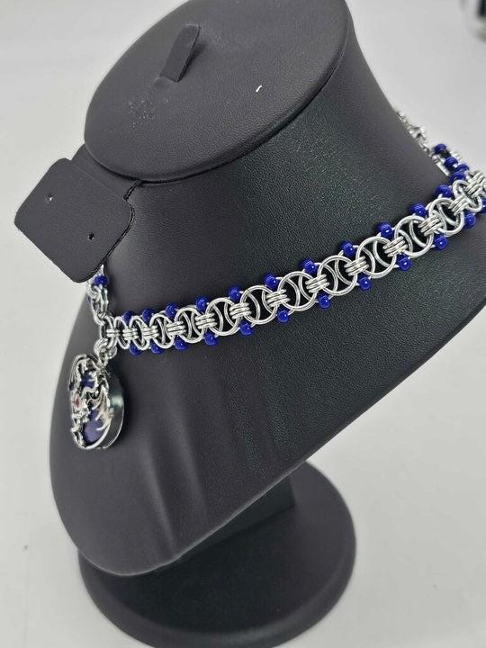 Blue Dragon Heart Chainmail Choker | Lapis Lazuli & Cobalt Helm Weave Necklace - Gray Cat Manor Designs