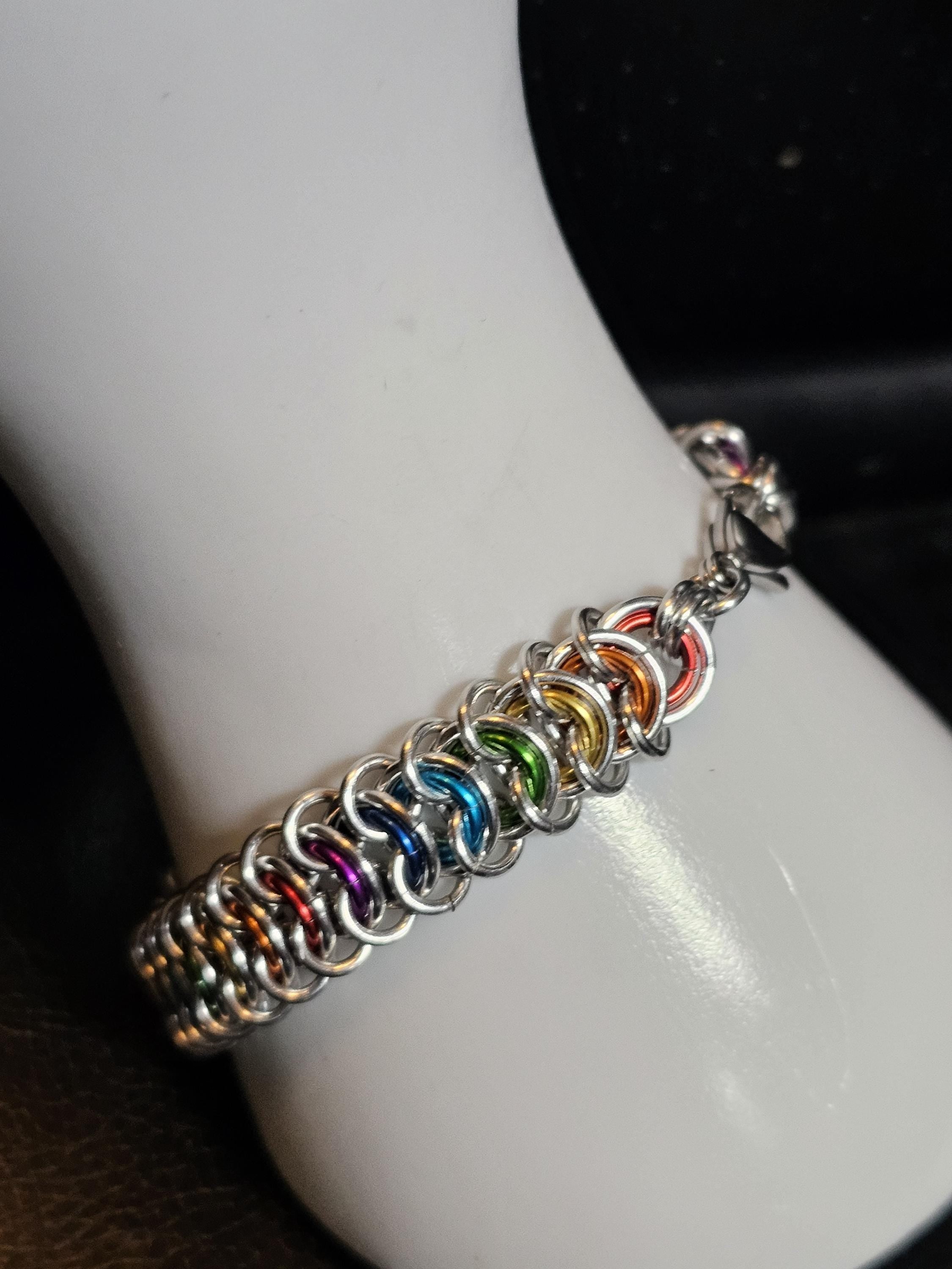 Rainbow Pride Chainmail Bracelet & Anklet | Vertebrae Weave Hypoallergenic Aluminum - Gray Cat Manor Designs