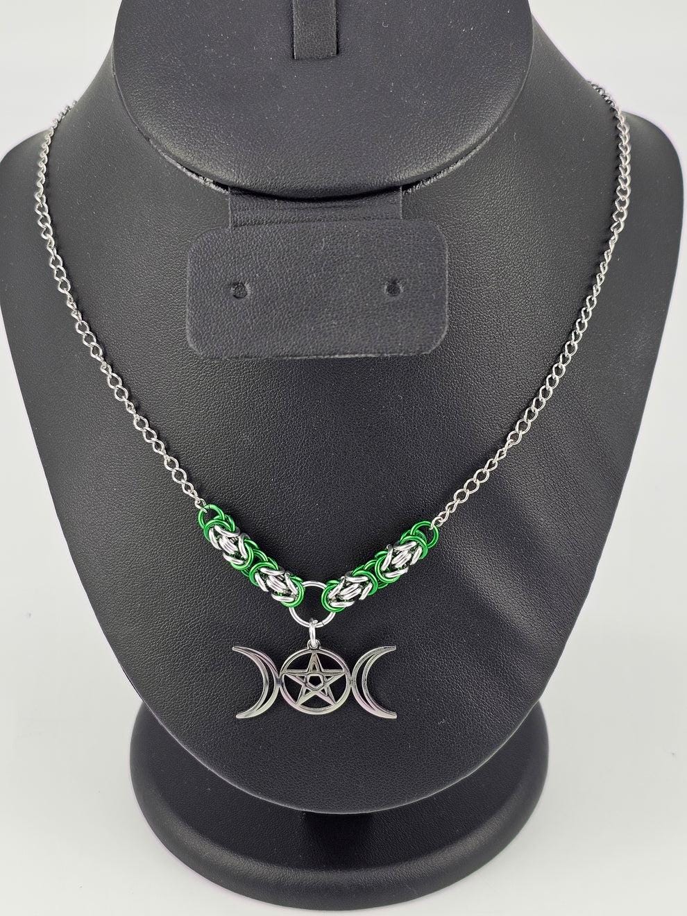 Triple Moon Goddess Byzantine Chainmail Necklace | Wiccan Pagan Witch Jewelry