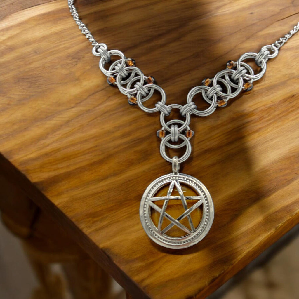 Tiger's Eye Pentacle with Beaded Helm Weave Chainmail Necklace Choker - Gray Cat Manor Designs