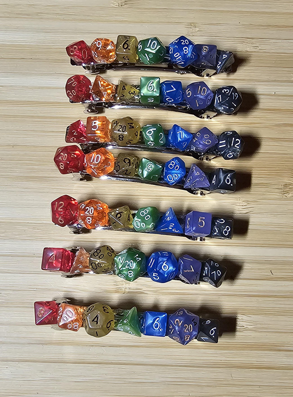 Rainbow Polyhedral Dice Barrette | TTRPG Gamer Hair Clip with Full Dice Set - Gray Cat Manor Designs
