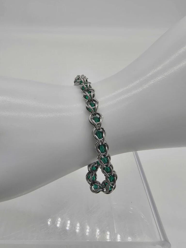 Emerald Green Crystal Chainmail Bracelet | Stainless Steel with Captured Beads