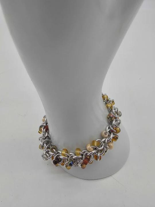 Honey Beaded Shaggy Loop Chainmail Bracelet & Anklet | Anodized Aluminum with Glass Beads