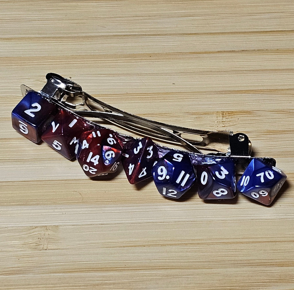 Polyhedral Dice Hair Barrette | Red & Blue Marbled D&D Gamer Hair Clip Full Dice Set