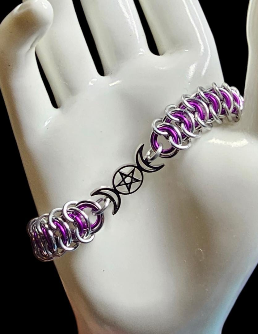 Triple Moon Goddess Chainmail Bracelet | Custom Pagan Wiccan Jewelry Handmade