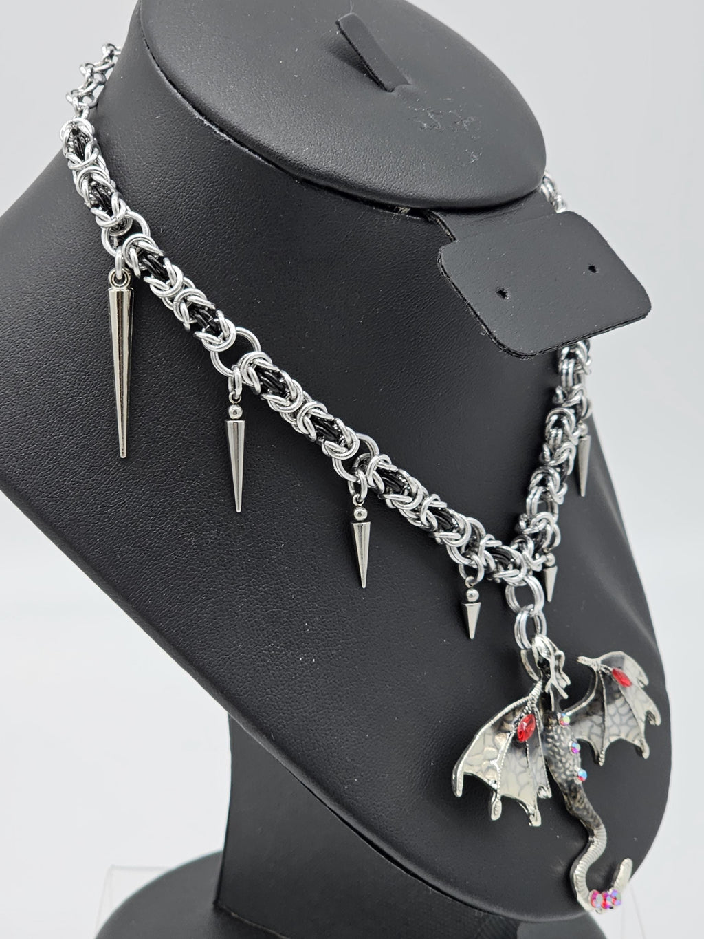 Black & Silver Byzantine Chainmail Dragon Choker | Spiked Handmade Statement Necklace - Gray Cat Manor Designs