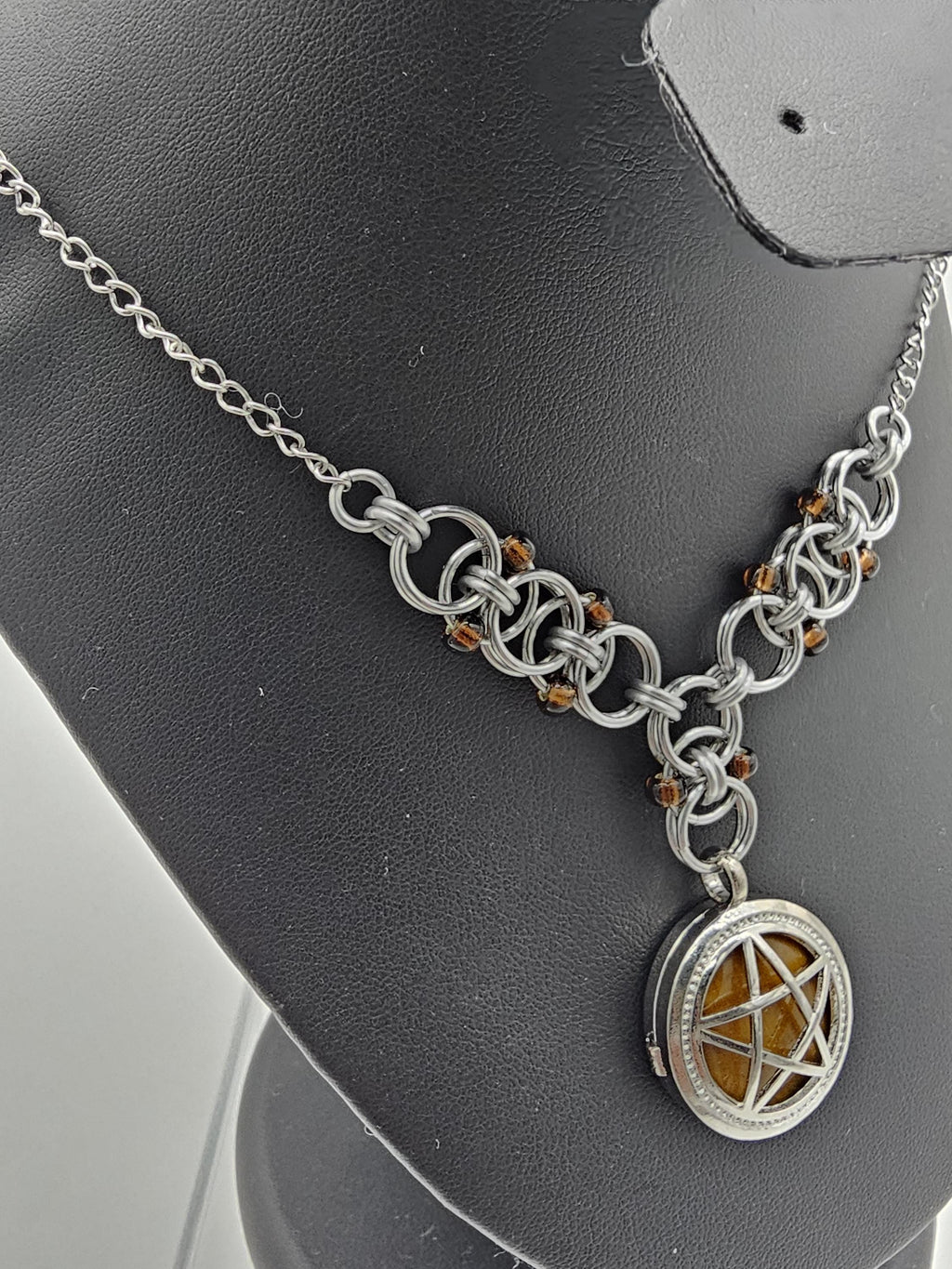 Tiger's Eye Pentacle with Beaded Helm Weave Chainmail Necklace Choker - Gray Cat Manor Designs