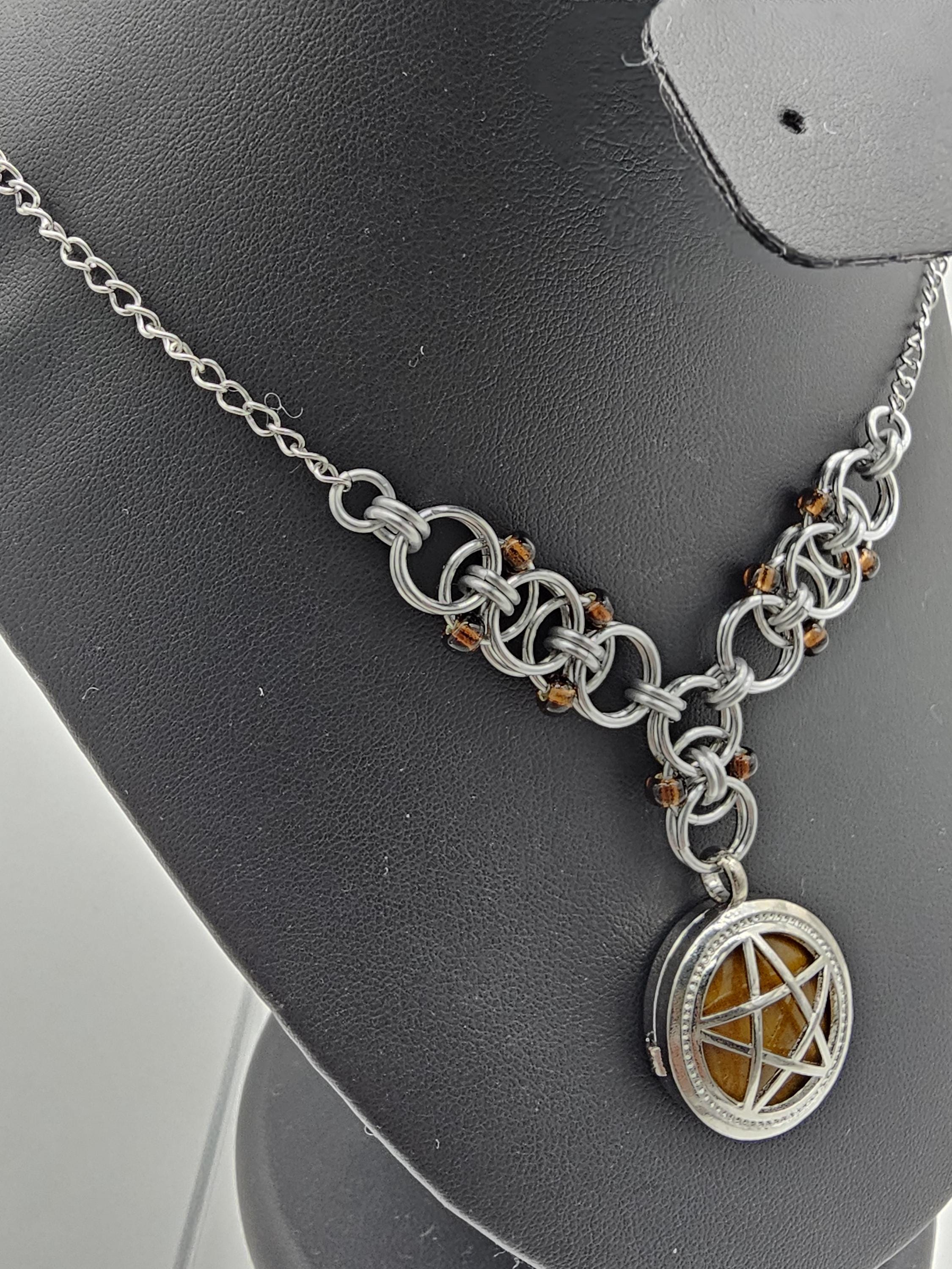 Tiger's Eye Pentacle with Beaded Helm Weave Chainmail Necklace Choker - Gray Cat Manor Designs