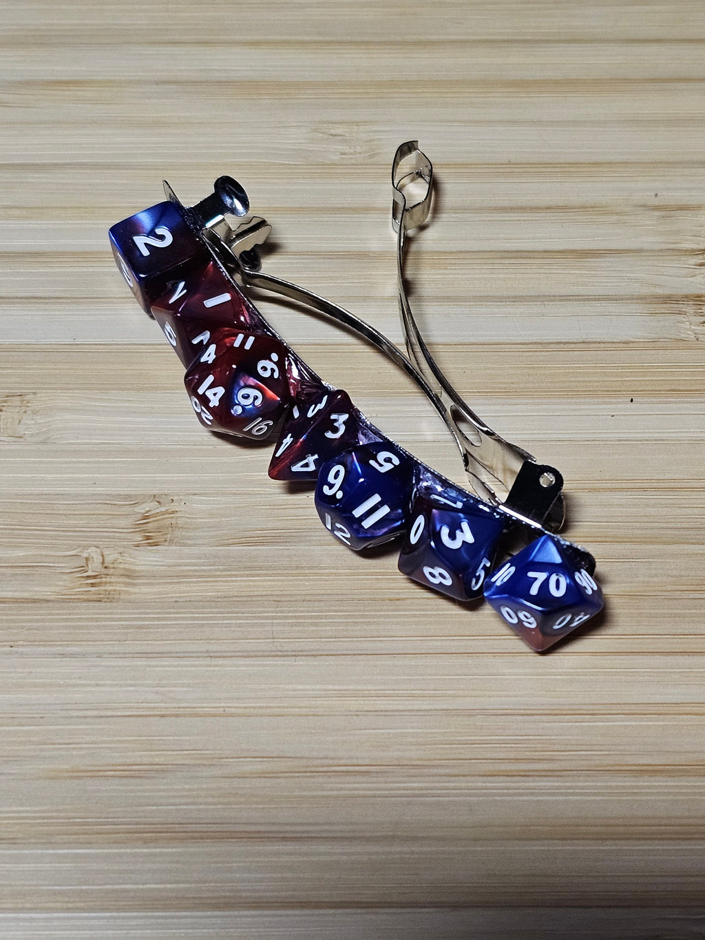 Polyhedral Dice Hair Barrette | Red & Blue Marbled D&D Gamer Hair Clip Full Dice Set