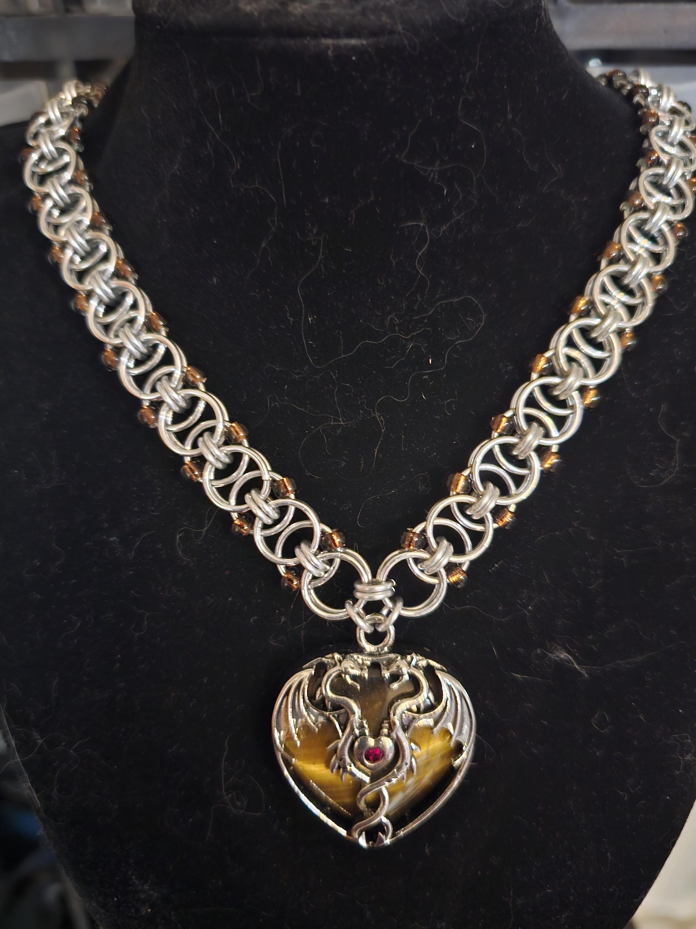 Tiger's Eye Dragon Heart Chainmail Choker | Silver Helm Weave with Topaz Beads - Gray Cat Manor Designs