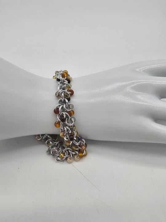 Honey Beaded Shaggy Loop Chainmail Bracelet & Anklet | Anodized Aluminum with Glass Beads